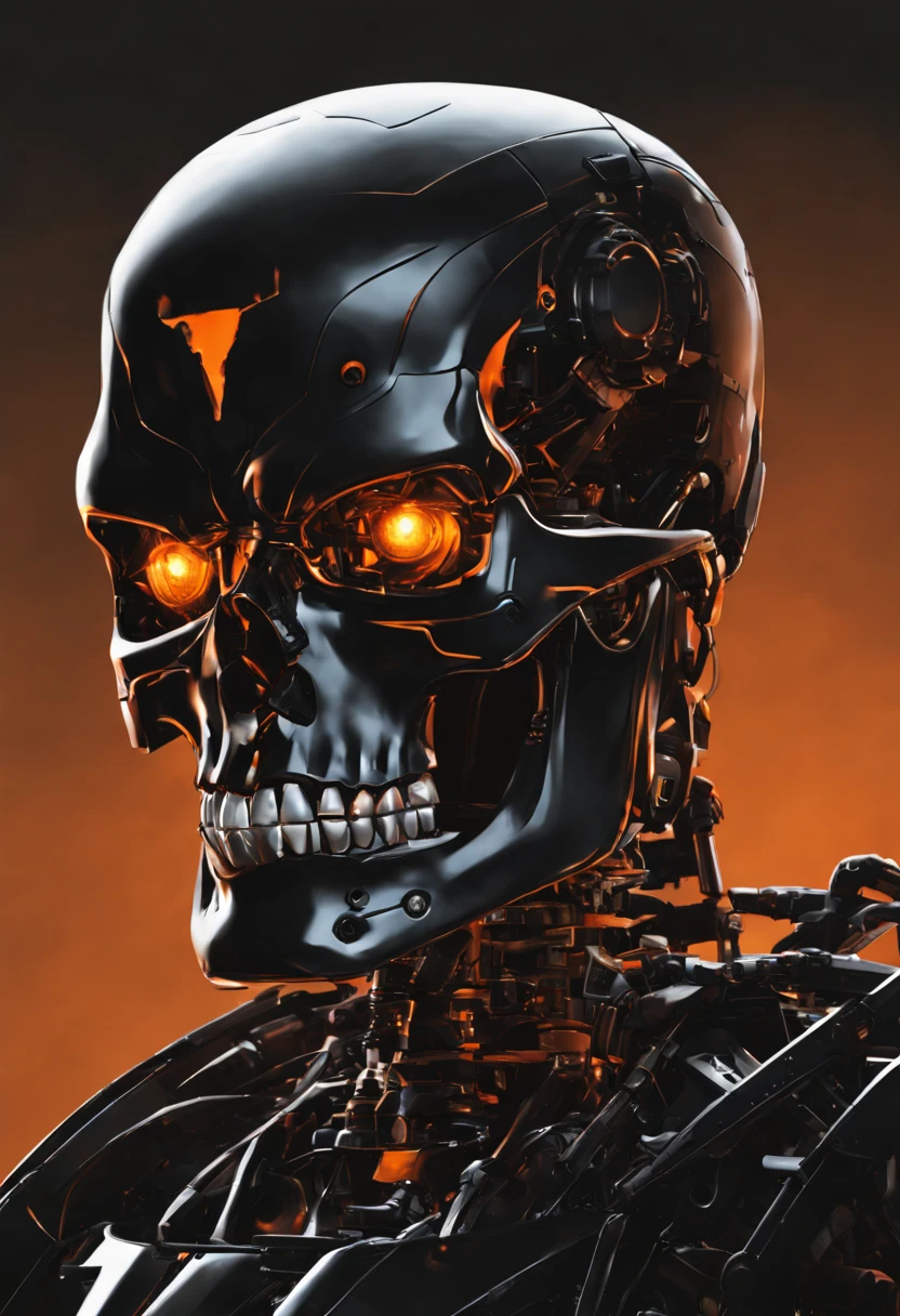 terminator skull, black background, orange, minimalist, fantasy style