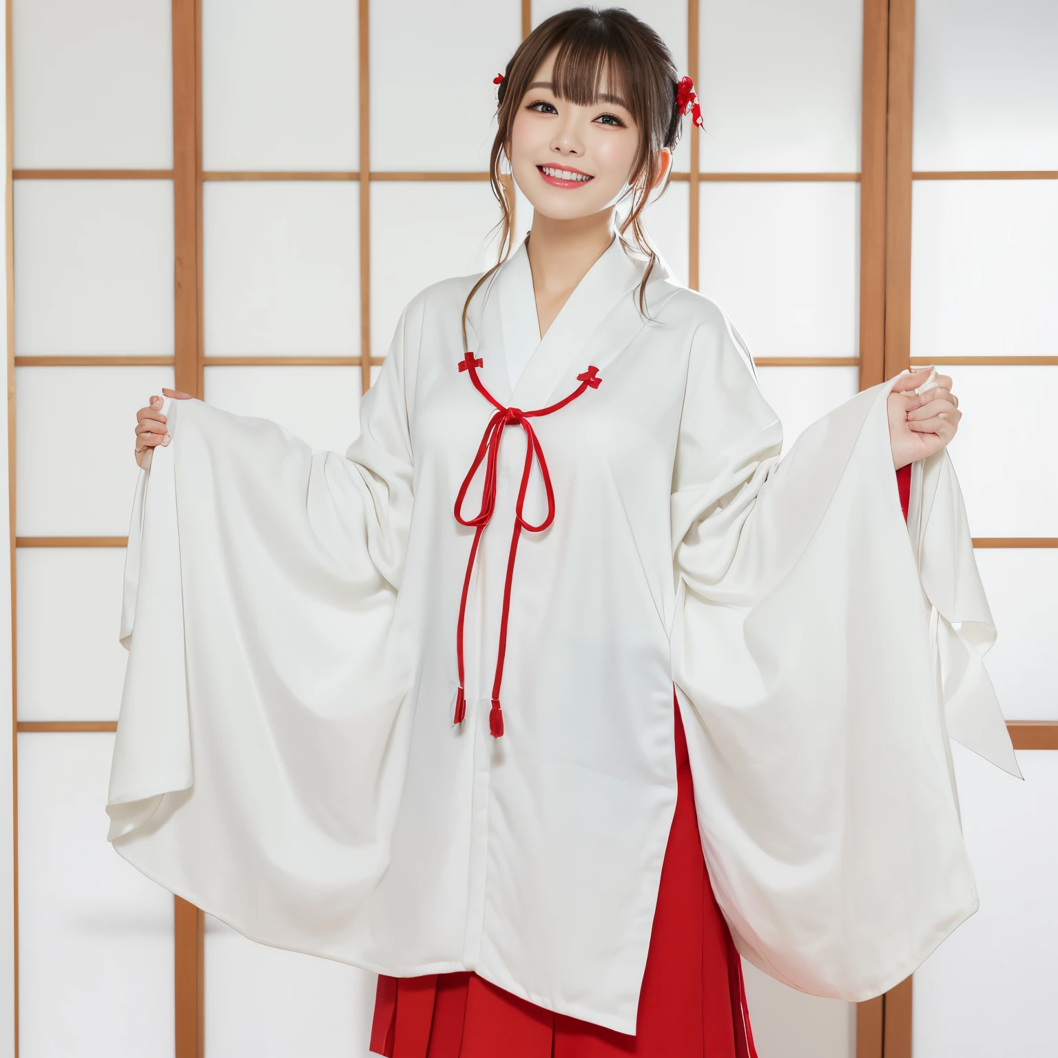 (top-quality、masutepiece、in 8K、Top image quality、super-fine、Award-Winning Works)、beautiful shrine maiden、shrine maiden&#39;s white coat、Chihaya the Shrine Maiden、Shrine maiden&#39;s red hakama、Perfect authentic shrine maiden costume、View me、Biggest smile、The background is a Japanese-style room、Perfect makeup