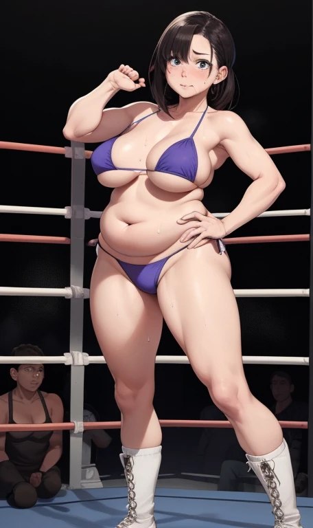 full body photographed、​masterpiece、top-quality、hight resolution、Dark hair、Big eyes、weak、high legs cut、Very small bikini、white sporty boots、Sweaty skin、Professional wrestling venues、professional wrestling、（（On the ring of professional wrestling：1.1））、Red face、45 year old woman、Middle-aged woman （（She's standing：1.2））、（Sagging udder:1.2）、Embarrassed look、Fat、big butts