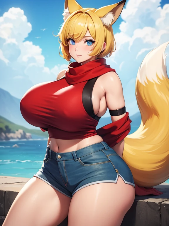Yellow short hair, huge boobs, blue eyes, very pretty, foz hears, fox tail, just in shorts with a red scarf