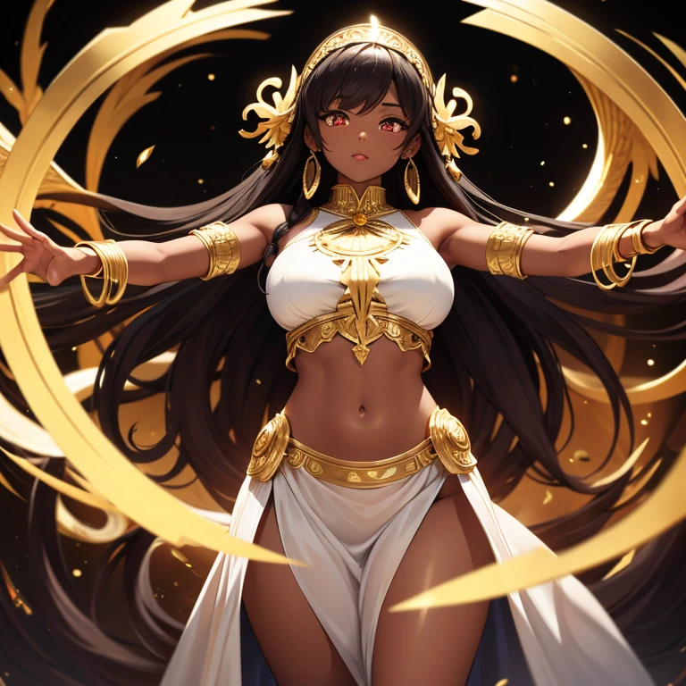 Lush valkyrie with colored skin, eyes the color of honey, with abundant black afro hair, tanned skin, very marked abdomen and large breasts, dressed in a white and gold dress with a very marked neckline, 