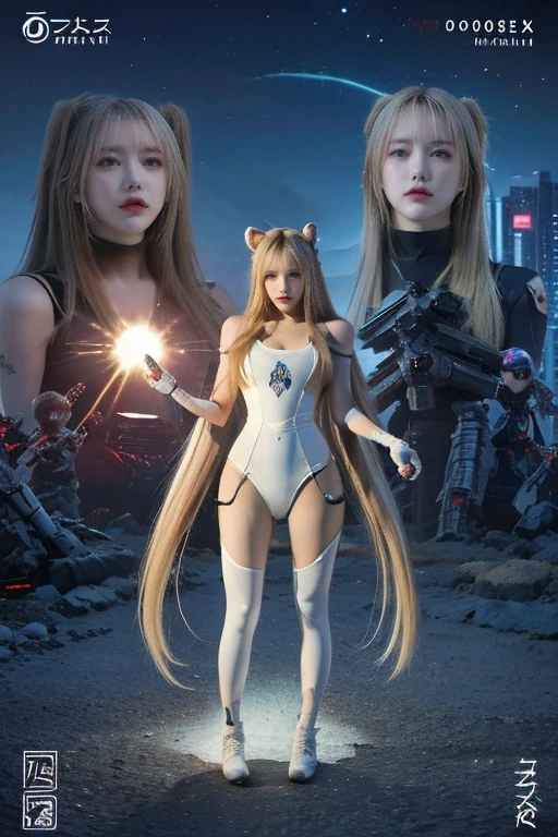 high-detail、high-level image quality、rialistic photo、Japan pretty girls、a blond、Twinte、cyberpunked、Futuristic city at night、miku hatsune、full body seen、Violent explosion、Combat with robots、a scene from a movie、arma