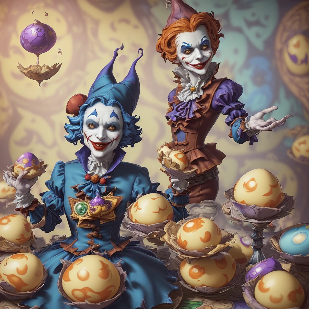 there is a card with a joker face on it surrounded by eggs, michael cheval (unreal engine, collectible card art, 8k high quality detailed art, jester themed, fantasy card game art, medieval jester, anton fadeev 8 k, hyper real render, hearthstone card artwork, 8k render”, hearthstone card art, trending on artstation 4k