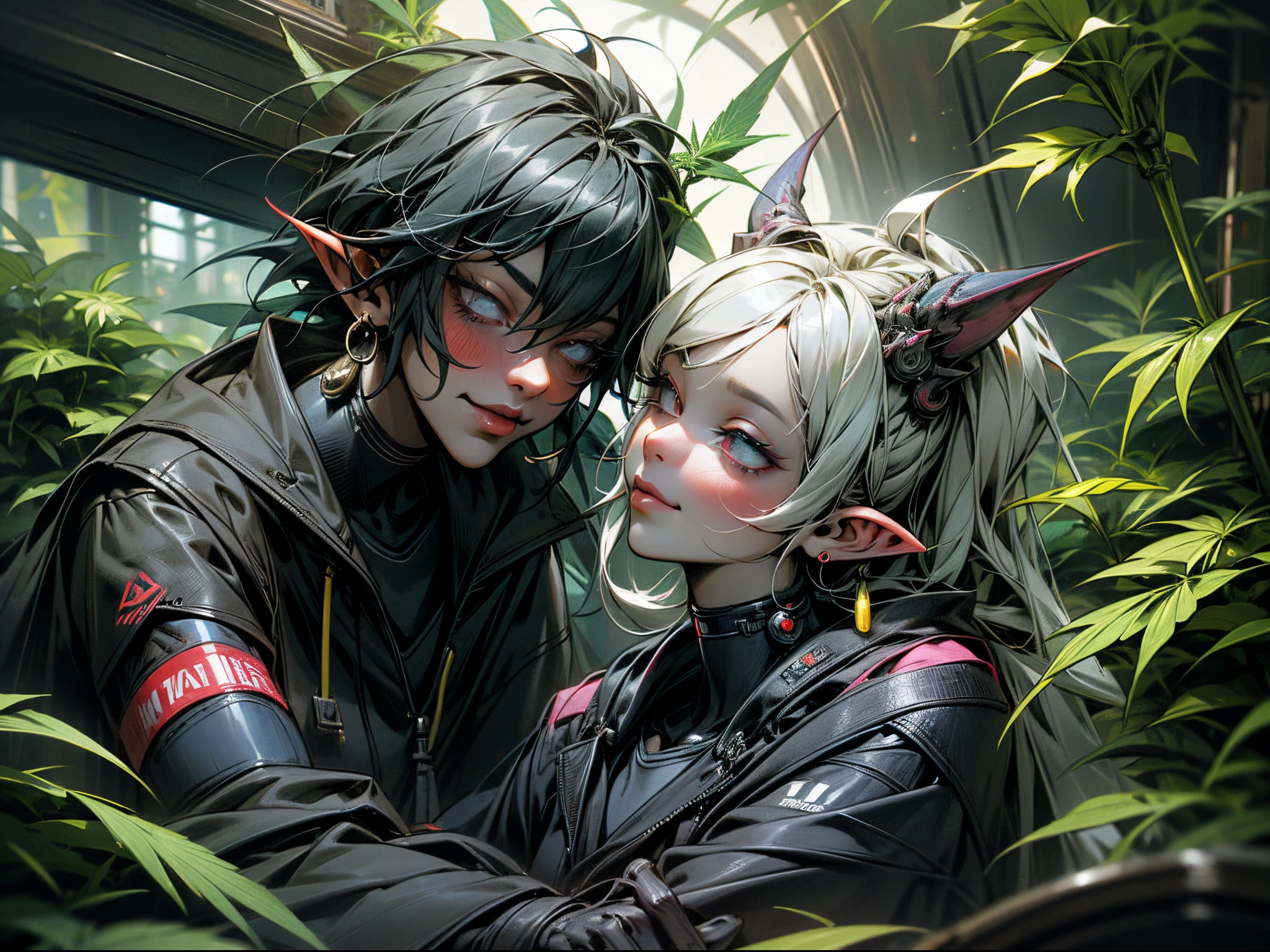 realistic little venomous  neon red and blue and yellow  Cyberpunk goblins female and male,  next to a cannabis plant , on a starry planet`` --auto --s2