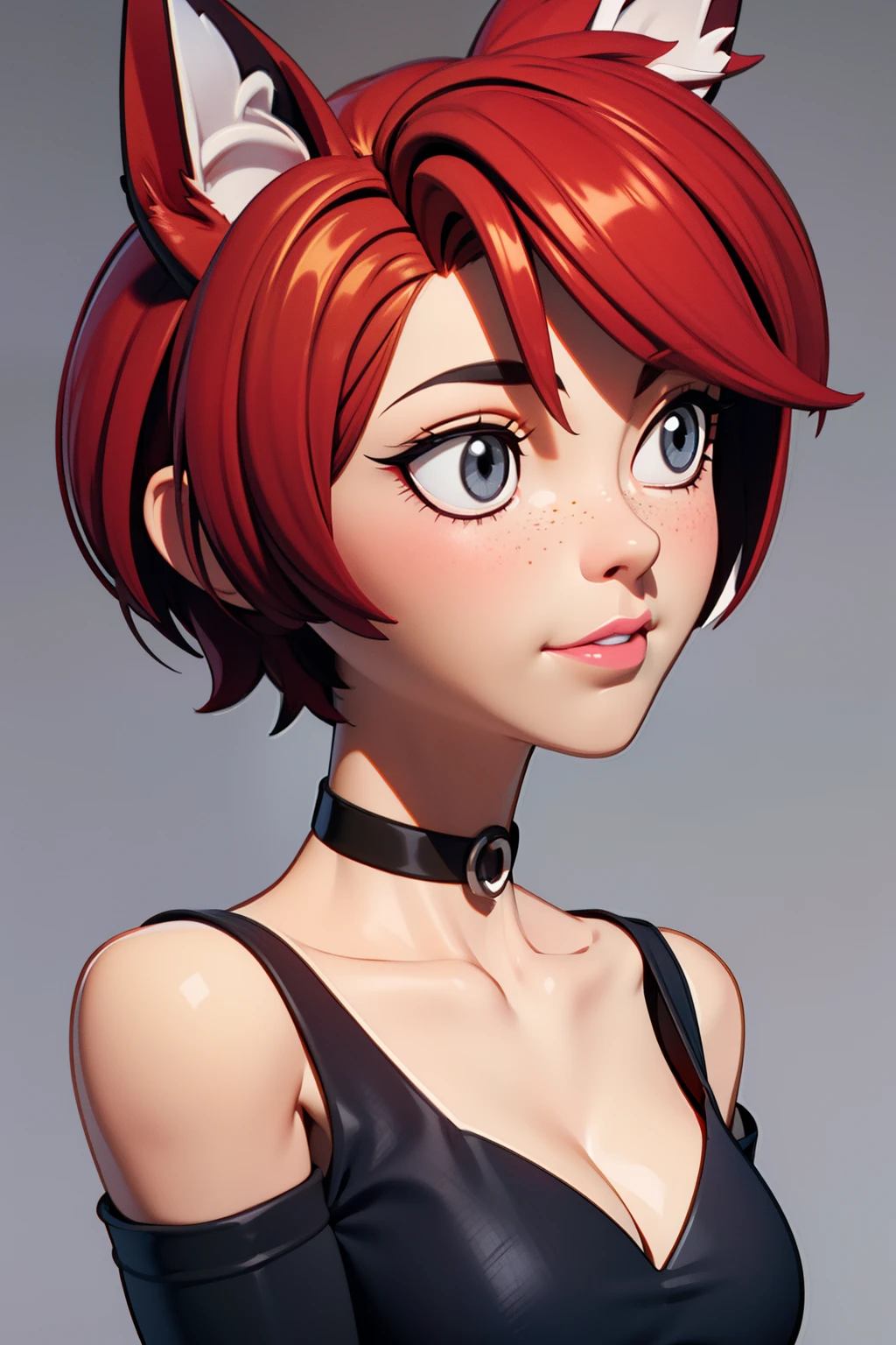 1girl, teenager, solo, , (short pixie cut Hair, undercut red hair: 1.28), ((light gray eyes)), some small freckles, (dark fox ears: 1.35), pale skin, medium breasts, cleavage, (thin hips, thin waist: 1.25), simple background, looking away, (tight black shirt, choker, ripped shirt, short shorts, thigh high stockings, plad sneakers: 1.11), masterpiece, best quality,3d rending work ,3DMM style, close-up, portrait, 3D,