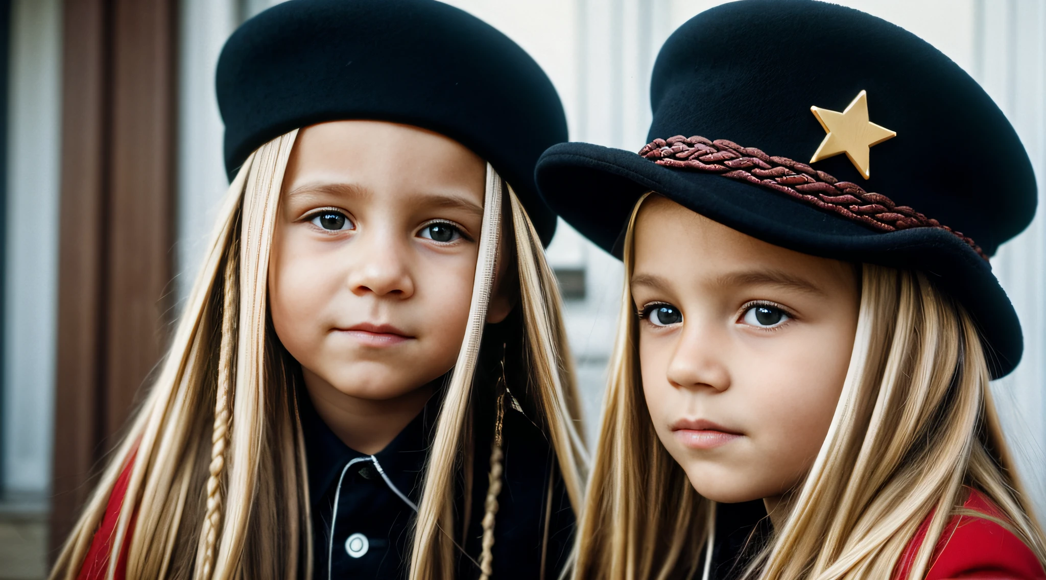 a close up of a BLONDE with SUPER BRAIDS long hair and a black hat with a star, URSS, boina preta com uma estrela vermelha, russo, Russia, kalap, Eslavo, boina preta, 1972 soviético, CCCP, plush