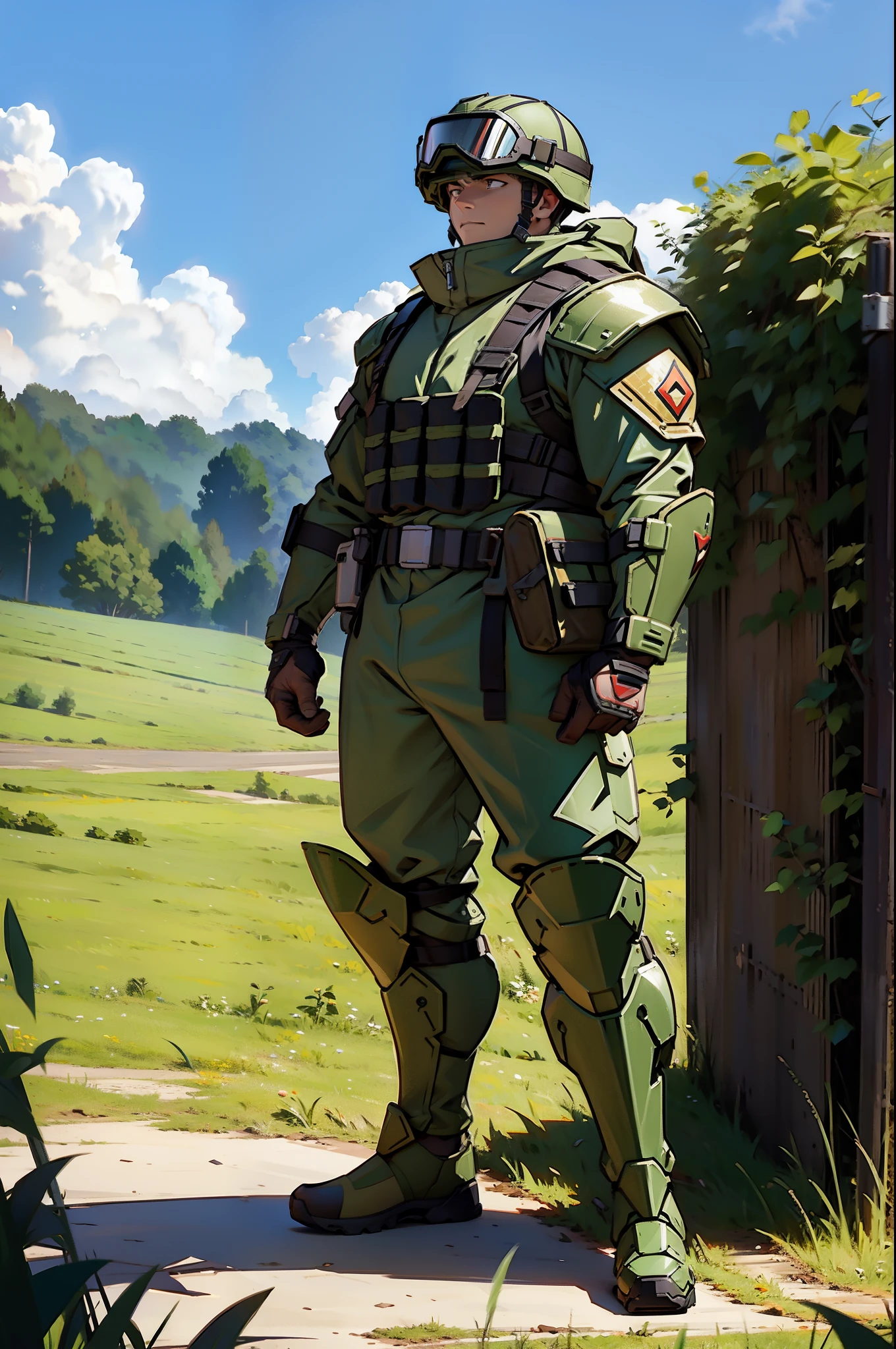 Soldier wearing juggernaut armour and visor, standing in a field in anime style