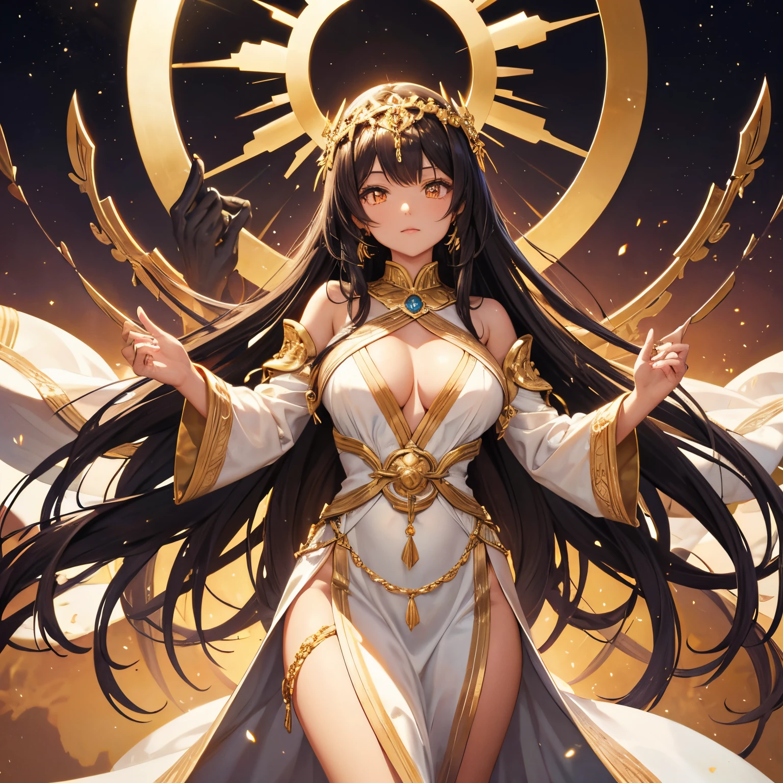 Giant gold ebony goddess with 6 arms, 3 golden eyes, and flowy white Greek clothing. The sun is shining behind her