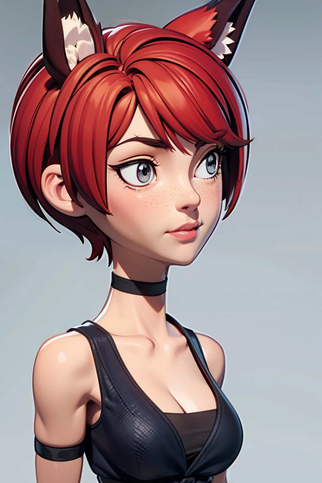 1girl, teenager, solo, (short pixie cut Hair, undercut red hair: 1.28), ((light gray eyes)), some small freckles, (dark fox ears: 1.35), pale skin, large breasts, cleavage, (thin hips, thin waist: 1.25), simple background, looking away, (tight ripped black shirt, choker, short shorts, thigh high stockings, plaid b&w sneakers: 1.11), masterpiece, best quality,3d rending work ,3DMM style, close-up, portrait, 3D,