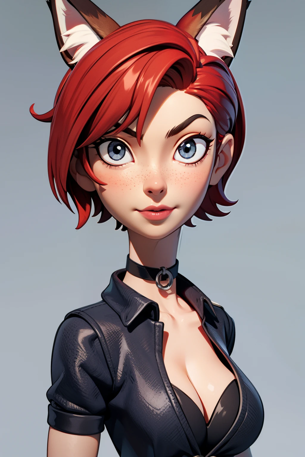 1girl, ager, solo, (short pixie cut Hair, undercut red hair: 1.28), ((light gray eyes)), some small freckles, (dark fox ears: 1.35), pale skin, large breasts, cleavage, (thin hips, thin waist: 1.25), simple background, looking away, (tight ripped black shirt, choker, short shorts, thigh high stockings, plaid b&w sneakers: 1.11), masterpiece, best quality,3d rending work ,3DMM style, close-up, portrait, 3D,