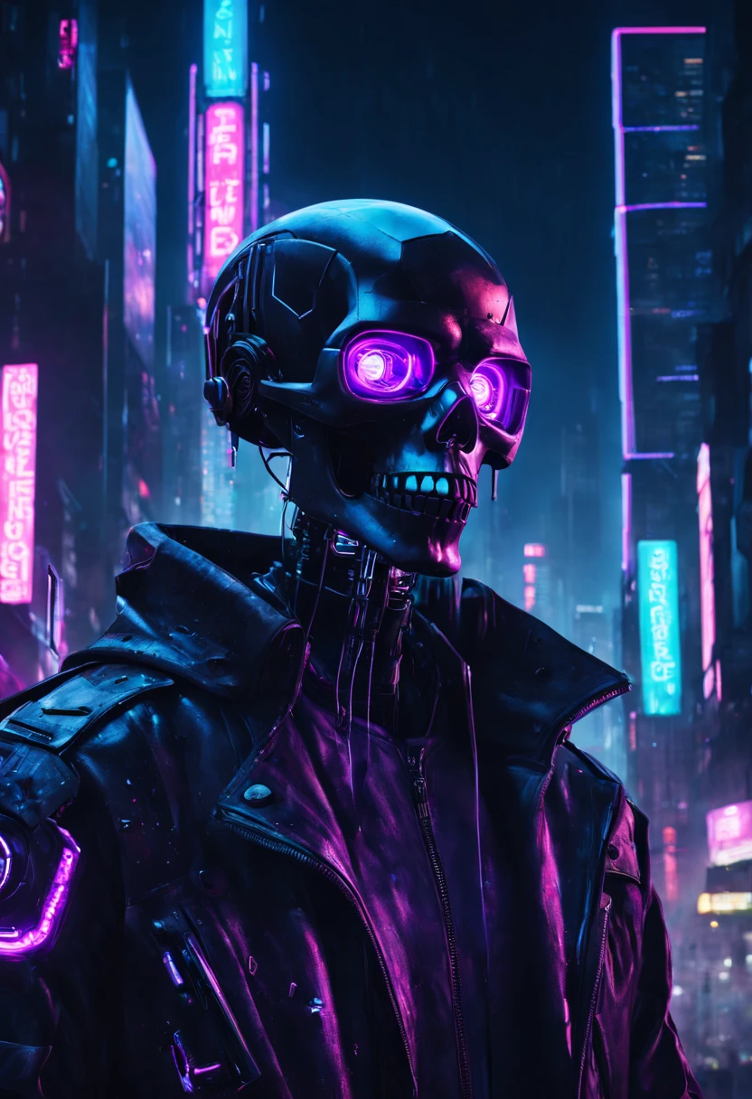 cyberpunk skull,black background,purple,minimalist,cyberpunk style,(best quality:1.2),ultra-detailed,realistic(vivid colors:1.1),studio lighting,sharp focus,detailed texture,neon glow,technological elements,godlike powers,nighttime cityscape,glowing eyes,metallic skull,high-tech implants,dystopian future,streaming code,urban decay,monochromatic theme,glitch aesthetics,abandoned buildings,street graffiti,futuristic cybernetics,cyberpunk fashion,retro-futurism,neon signage,dark atmosphere,high contrast,futuristic weaponry,urban nightlife,digital world,cyberpunk rain,dystopian city skyline,techno music,high-tech gadgets,hidden identity,otherworldly elements,unseen dangers,artificial intelligence,cyberpunk art