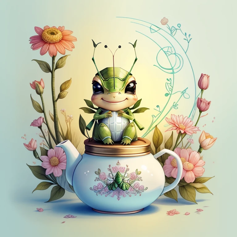 (cute baby grasshopper smiling with a tea pot and flowers), Munchkin ,Geometric multidimensional wall portrait, livro de arte, Tchibi,
Yang08k, Beautiful, Colouring,
Obras, of the highest quality, best quality, Arte Oficial, Beautiful and Aesthetic,