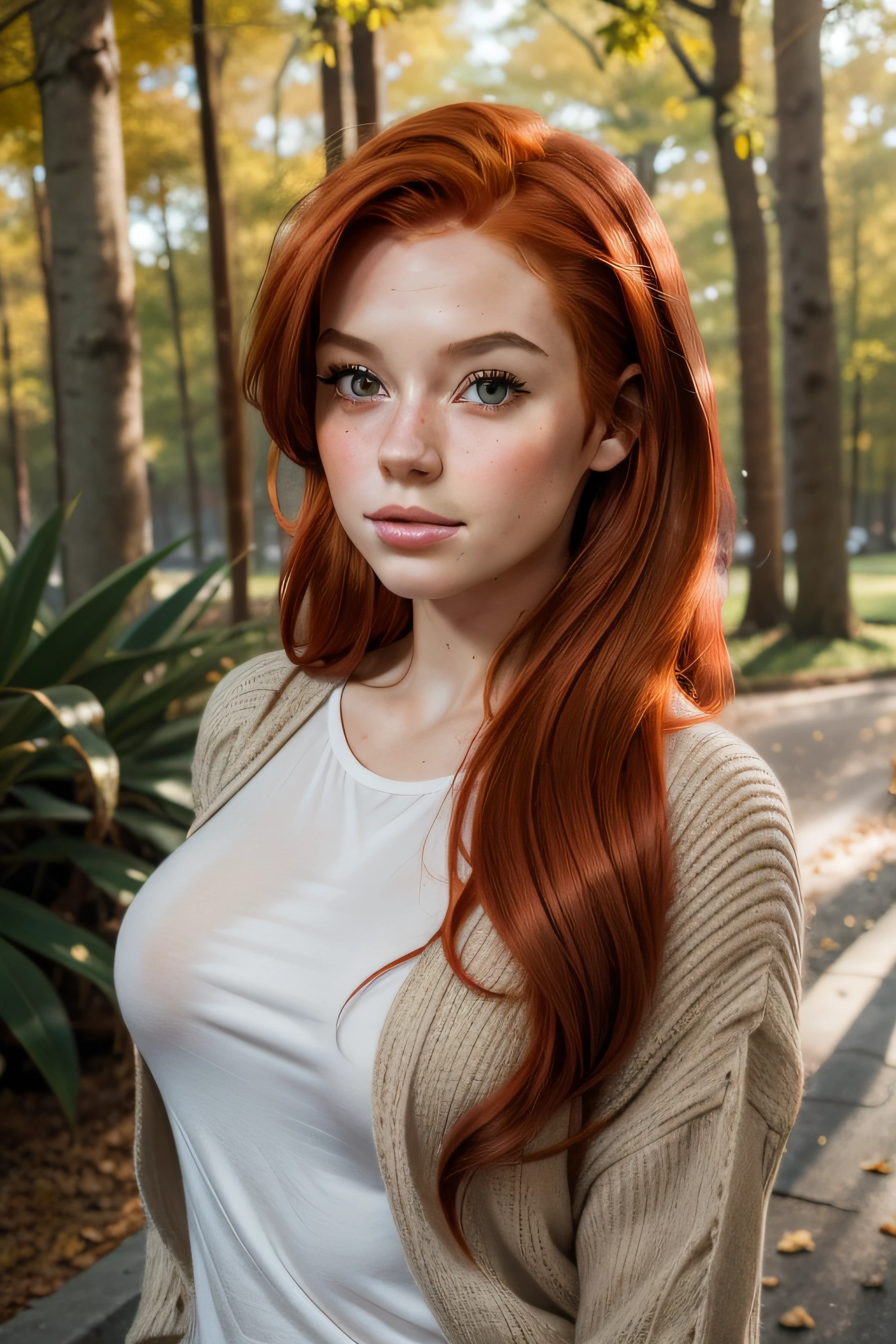 Rapariga, redhead, cinemactic, O retrato mostra um jovem (Redhead Girl:1.6) with a shy and innocent demeanor, olhos azulados, rosto magro sensual, Big Lips, BIG TITS e shorts, Her hair is sleek and straight, elegantly framing her face with adorable long hair .Your face is illuminated by soft lighting, highlighting its delicate features. The girl's eyes sparkle with a hint of curiosity and her lips form a subtle, Shy smile. The background is composed of a soft nature autum scenery and warm tones, proporcionando uma atmosfera calma e serena. The composition focuses on the girl's face, Capturing the intricate details of her flawless skin, The overall image exudes a sense of tranquility and captures the innocence and gentleness of youth