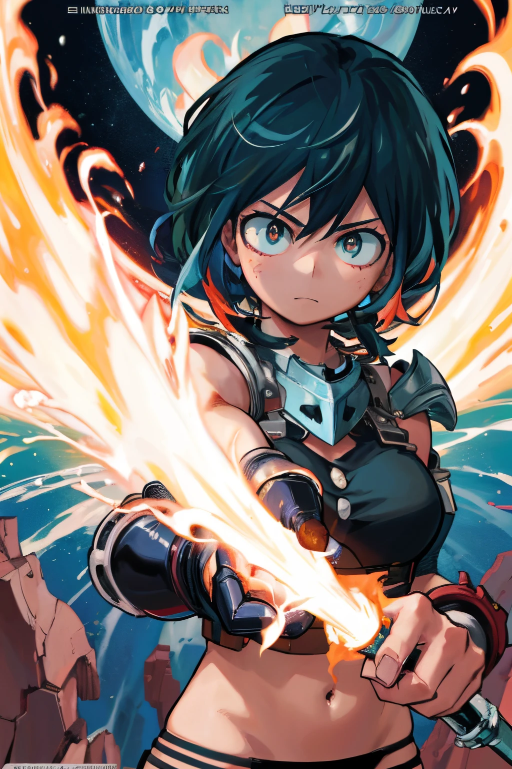 On a double-page spread of an exciting manga, A boy with iron gauntlets and manga-style blue hair is positioned on the left. He emits an aura of determination, seus olhos refletindo a intensidade de seu desejo de vencer. Your body is ready for combat, com as manoplas de ferro brilhando enquanto ele se prepara para o confronto.
On the other side of the page, On the right hand, There's a black-haired boy who radiates flames. Your hands are engulfed in blazing flames, Ready to be thrown at your opponent. Your face betrays trust, but also a pinch of caution, Knowing that the showdown will be epic.
Ao fundo, A manga poster displays images of the two characters in action, with graphic elements that highlight the tension and rivalry between them. The scenery is immersed in vibrant colors, criando uma atmosfera intensa para essa batalha iminente, inicio de um novo arco