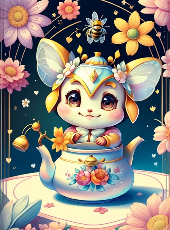 (cute bee smiling with a tea pot and flowers), Munchkin ,Geometric multidimensional wall portrait, livro de arte, Tchibi,
Yang08k, Beautiful, Colouring,
Obras, of the highest quality, best quality, Arte Oficial, Beautiful and Aesthetic,