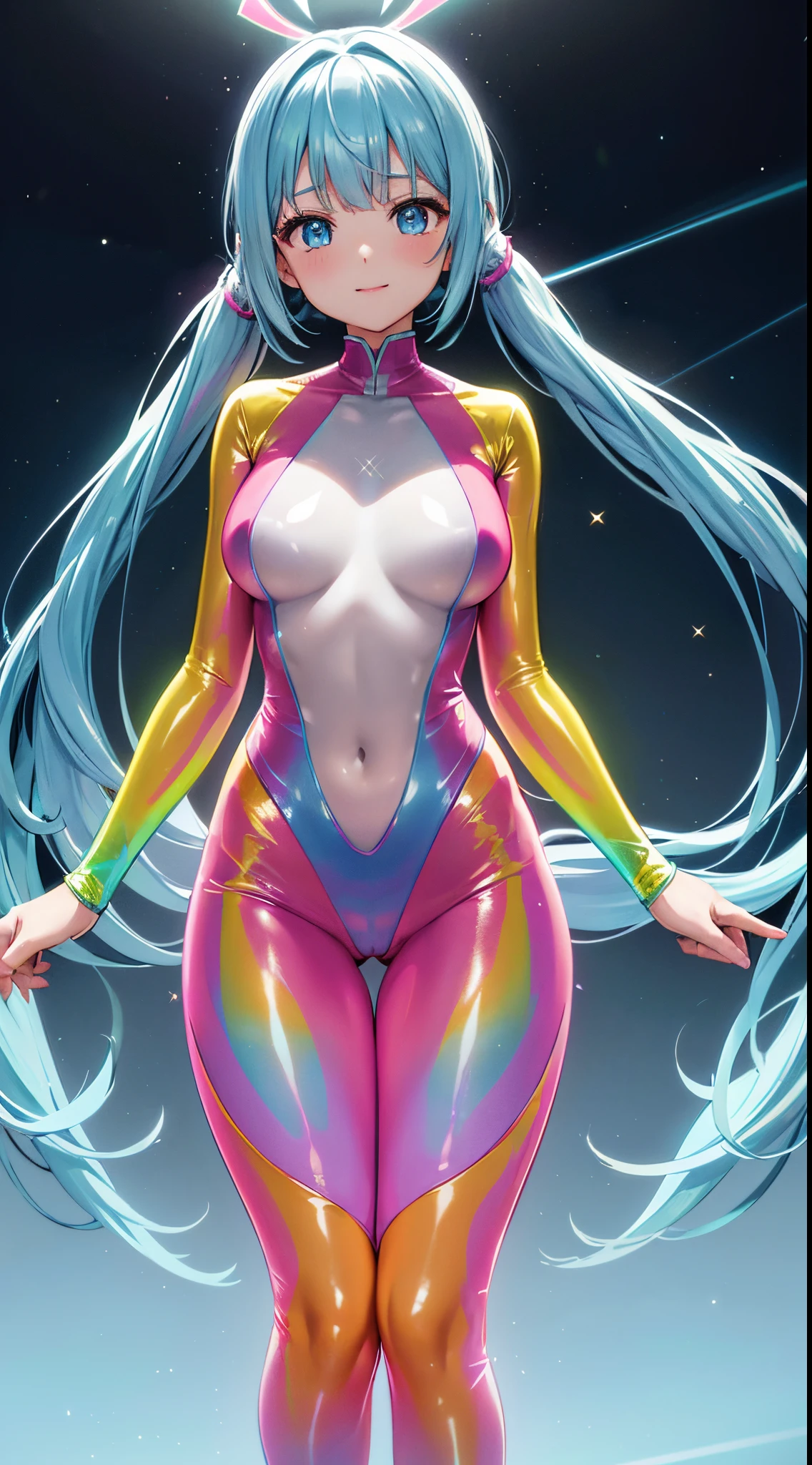 Angelic Very beautiful cute girl),
Beautiful detailed eyes,
Detailed double eyelids,
(Cute eyes),
Light blue long hair、Pay attention to the chest of the twin tails, Beautiful detailed face and eyes with adorable smile,
drooping eyes,BREAK
(Super Gloss Metallic Coral Yellow Transparent Holographic Suit:1.2), (Super Tight Fit Holographic Suit、Superreflective surface:1.5),
(Super Tight Fit Holographic Suit:1.5) ,
(Super Reflective Holographic Suit:1.3),
small nose,(爆乳:1.3),
Beautiful legs,
(Best Quality:1.2),
Raw photo,
High resolution,
perfect detail,
Professional Photography,
Professional Lighting,
Strong lighting of the bodysuit,Outdoor photography,Long leg、