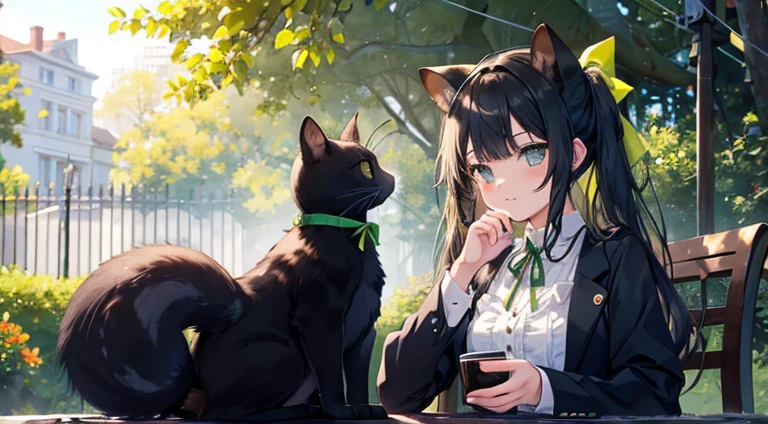 I wore a green ribbon around my neck. Conversation scene between a cute black cat with round eyes and a cute squirrel a park