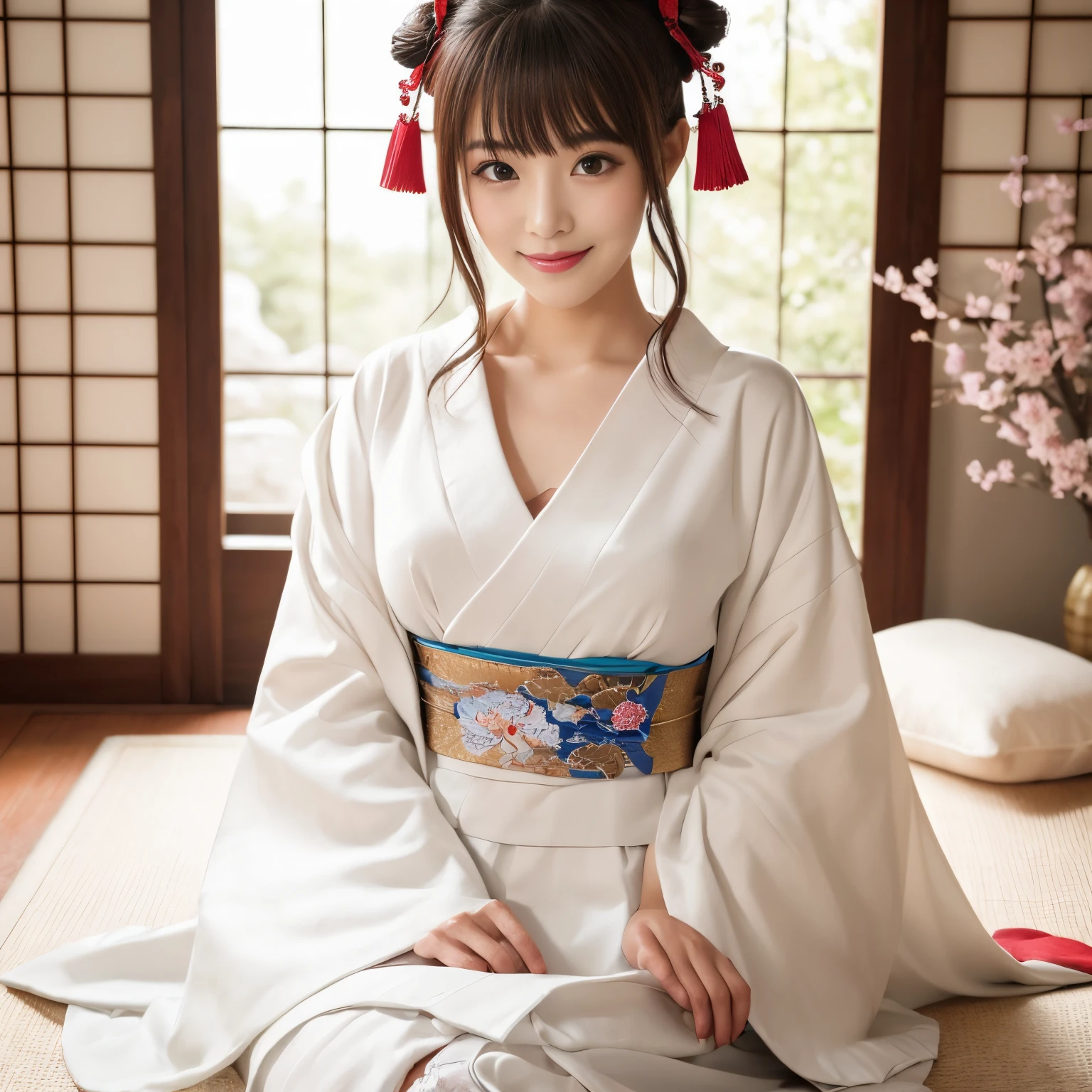 (top-quality、masutepiece、in 8K、Top image quality、super-fine、Award-Winning Works)、beautiful shrine maiden、shrine maiden&#39;s white coat、Chihaya the Shrine Maiden、Shrine maiden&#39;s red hakama、Perfect authentic shrine maiden costume、View me、Biggest smile、The background is a Japanese-style room、Detailed Japanese-style room background、Beautiful shoji with intricate decoration、Elegant and beautiful transom、Perfect makeup、Elegant beautiful Japanese room background