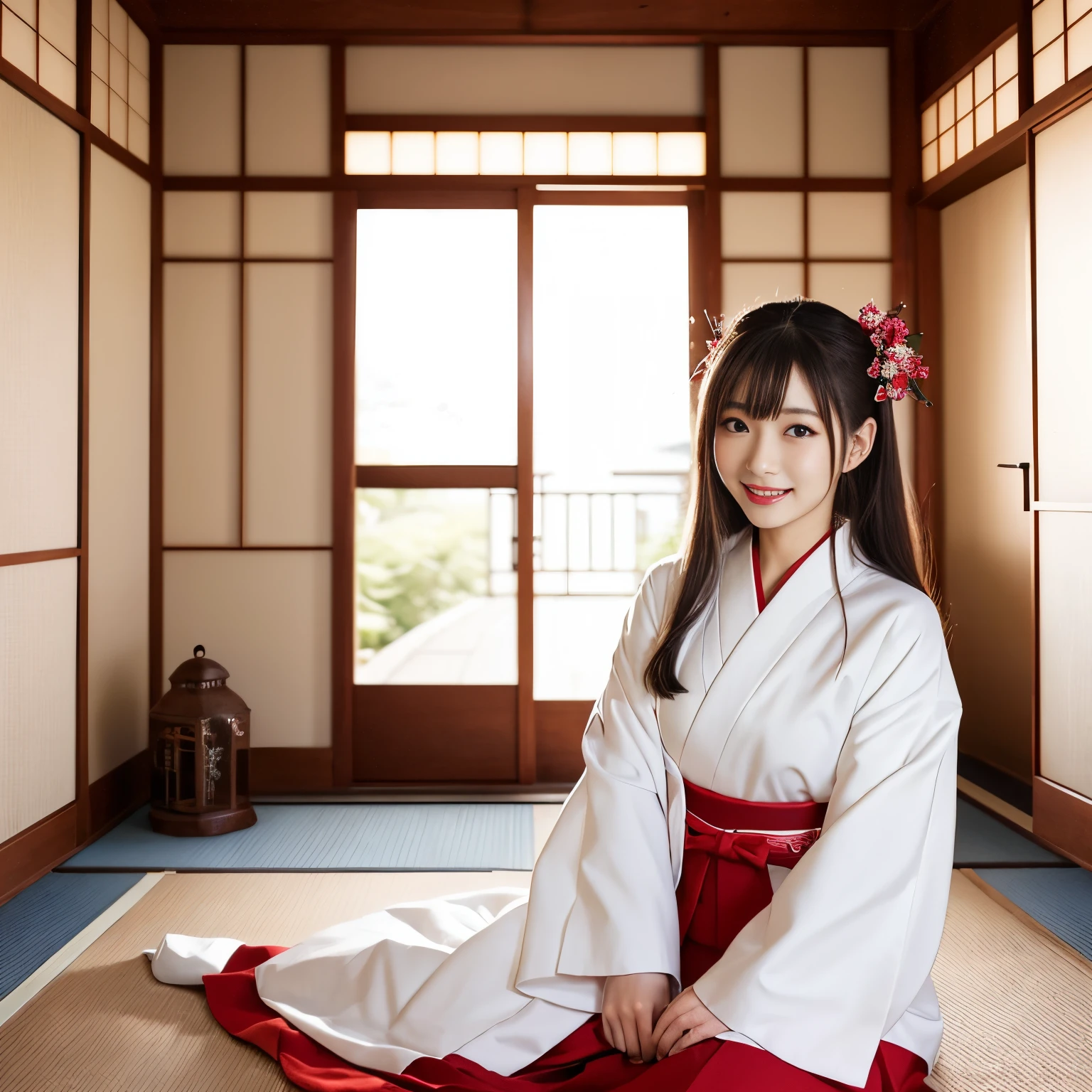 (top-quality、masutepiece、in 8K、Top image quality、super-fine、Award-Winning Works)、beautiful shrine maiden、shrine maiden&#39;s white coat、Chihaya the Shrine Maiden、Shrine maiden&#39;s red hakama、Perfect authentic shrine maiden costume、View me、Biggest smile、The background is a Japanese-style room、Detailed Japanese-style room background、Beautiful shoji with intricate decoration、Elegant and beautiful transom、Perfect makeup、Elegant beautiful Japanese room background