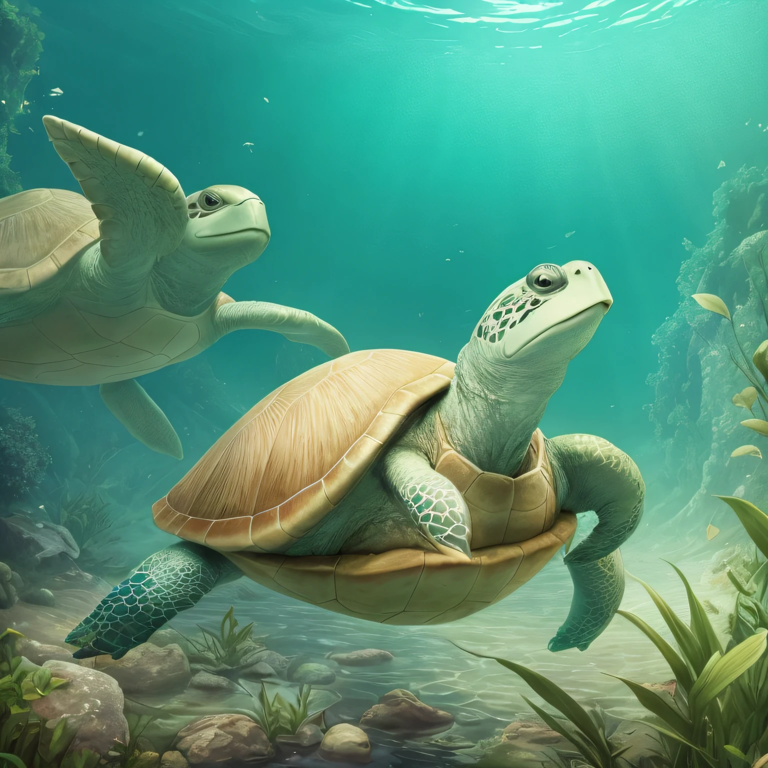 "An ethereal and charming turtle, Made of water vapor with a magical glow, in a fairytale setting