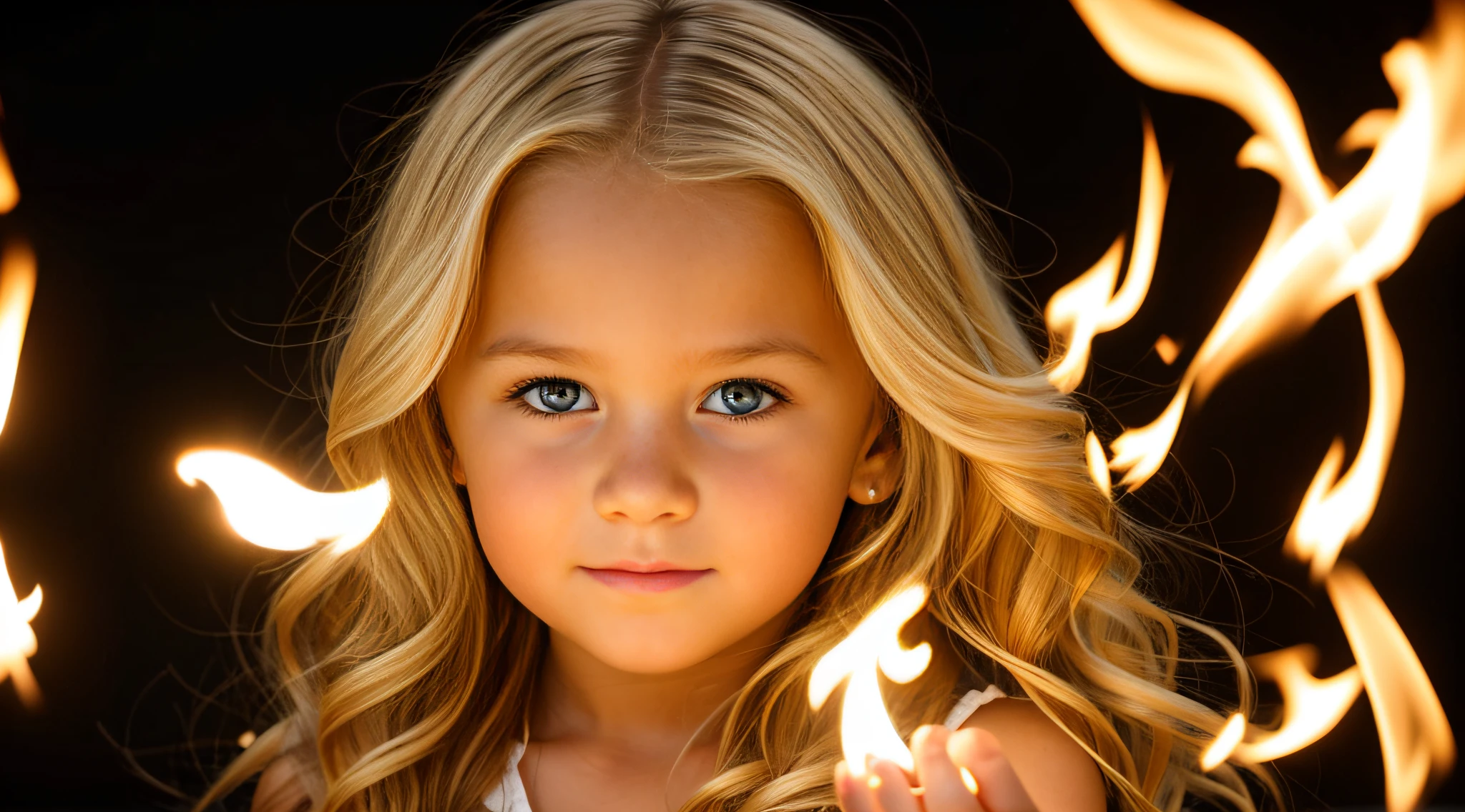 a close-up of a blonde child with long hair , fireball in hands.