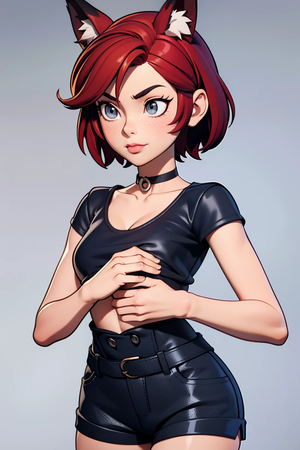 1girl, teenager, solo, (groping chest: 1.5), (short pixie cut Hair, undercut red hair: 1.28), ((light gray eyes)), some small freckles, (dark fox ears: 1.35), pale skin, large breasts, cleavage, (thin hips, thin waist, athletic body: 1.25), simple background, looking away, (tight ripped blouse choker, leggings, plaid b&w sneakers: 1.11), masterpiece, best quality,3d rending work ,3DMM style, close-up, portrait, 3D,