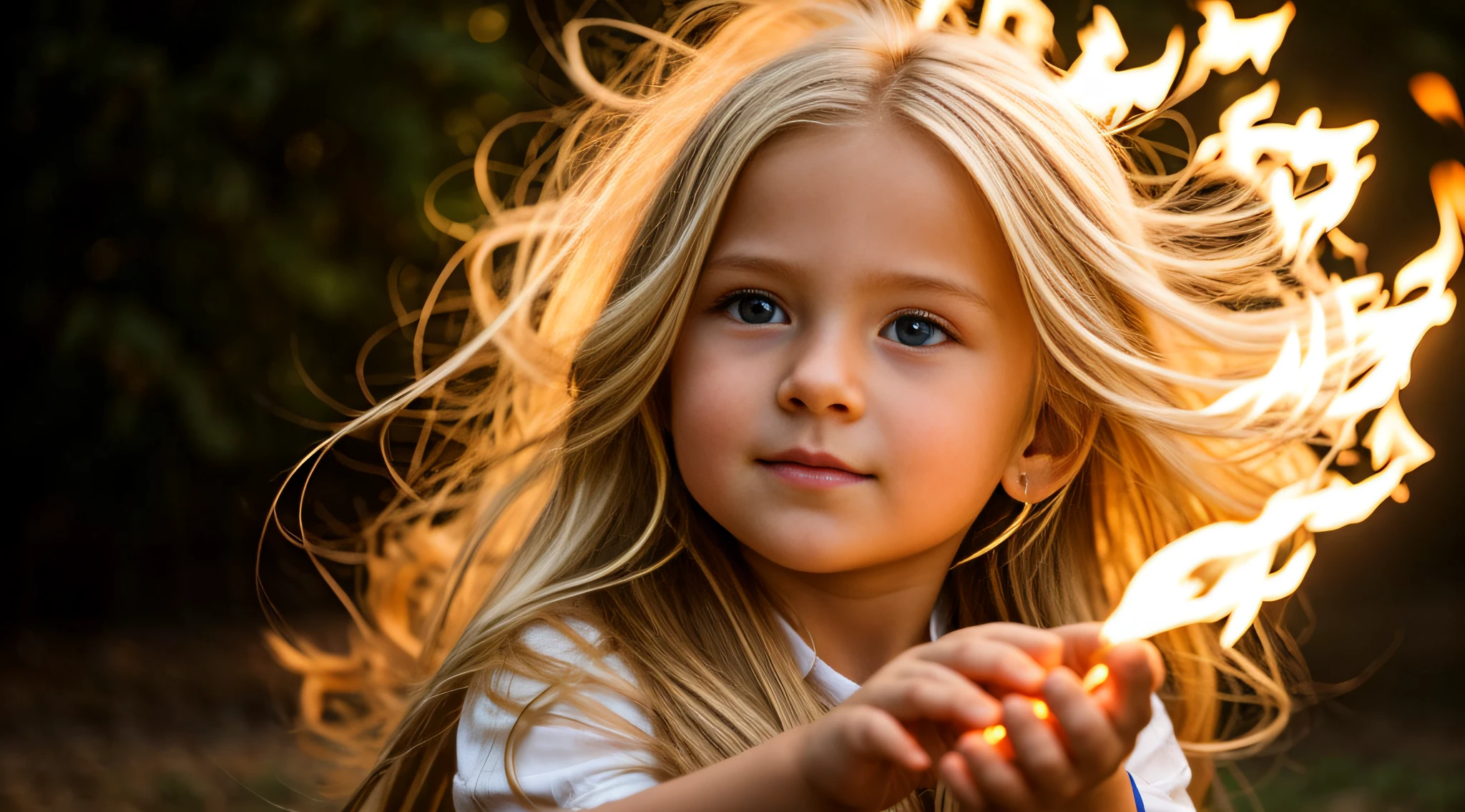 a close-up of a blonde with long hair , fireball in hands.