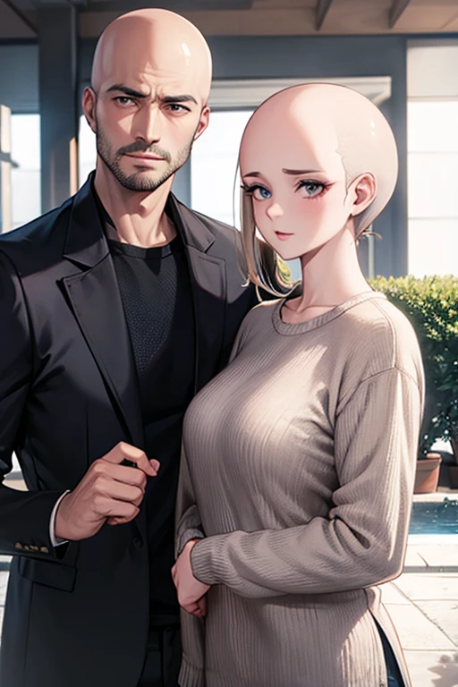 couple, bald man, girl with bangs