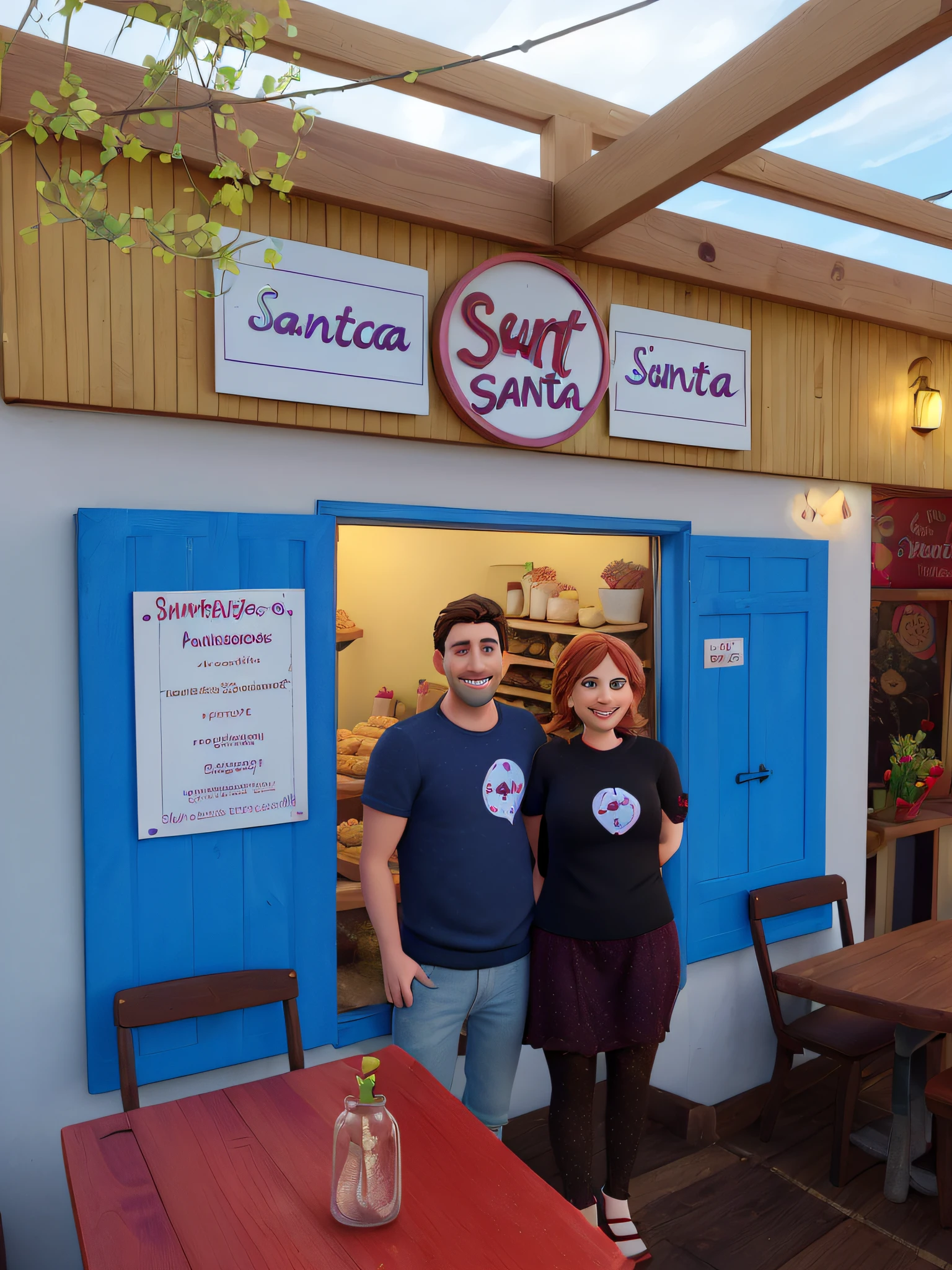 Una joven pareja feliz, a 30 year old man and a 30 year old woman, in front of a bakery called Sweet Santa. behind them there is an open blue window and red tables with wooden chairs... La parte superior es de madera y hay algunas plantas..