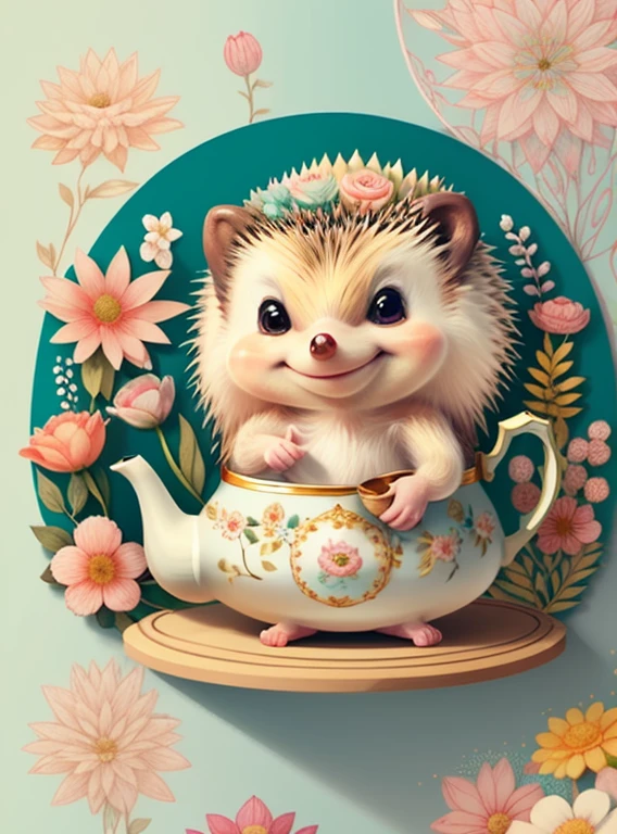 (cute baby hedgehog smiling with a tea pot and flowers), Munchkin ,Geometric multidimensional wall portrait, livro de arte, Tchibi,
Yang08k, Beautiful, Colouring,
Obras, of the highest quality, best quality, Arte Oficial, Beautiful and Aesthetic,