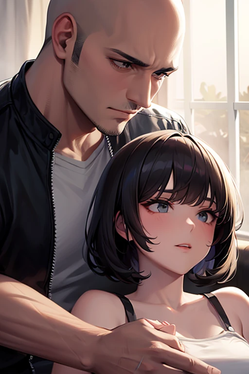 couple, bald man, girl with bangs