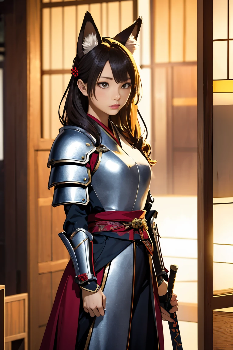 (((Looking away:1))), ((Look at another one:1)), fox incarnation、((Sexy Female Warrior))、Japan Yokai、Sexy fox female warrior with a Japanese sword、Fox ears、A figure holding a beautiful sword, ((sexy japan armor))