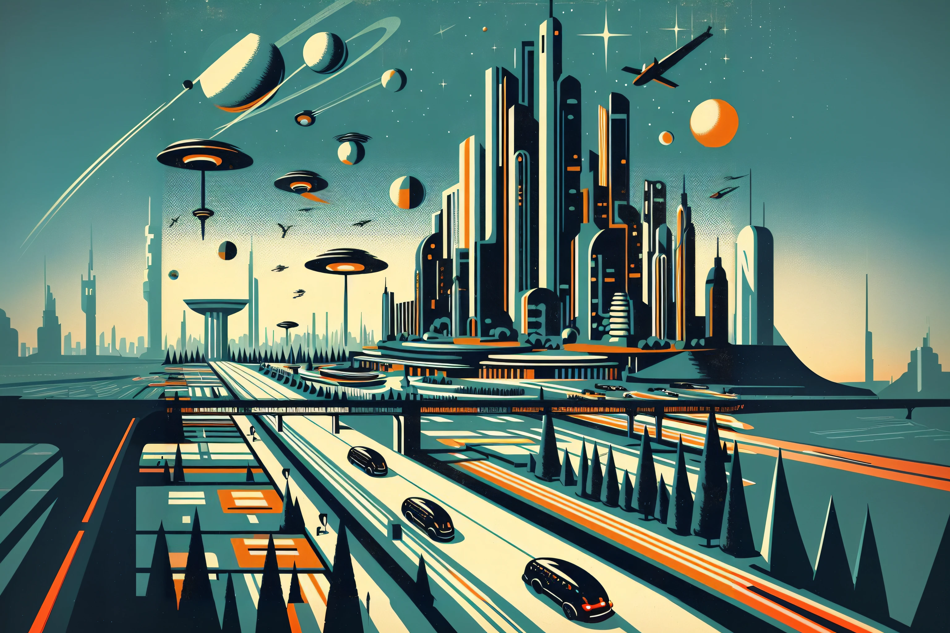a close up of a poster of a futuristic city with cars, retro futurism art, retro futurism, retro-futurism, retro - futurism, retro futuristic illustration, retro sci - fi art, retro futurism style, retro futurism 1 9 5 0 s, futuristic utopian metropolis, utopian city, retro 1 9 6 0 s sci - fi art, futuristic utopian city