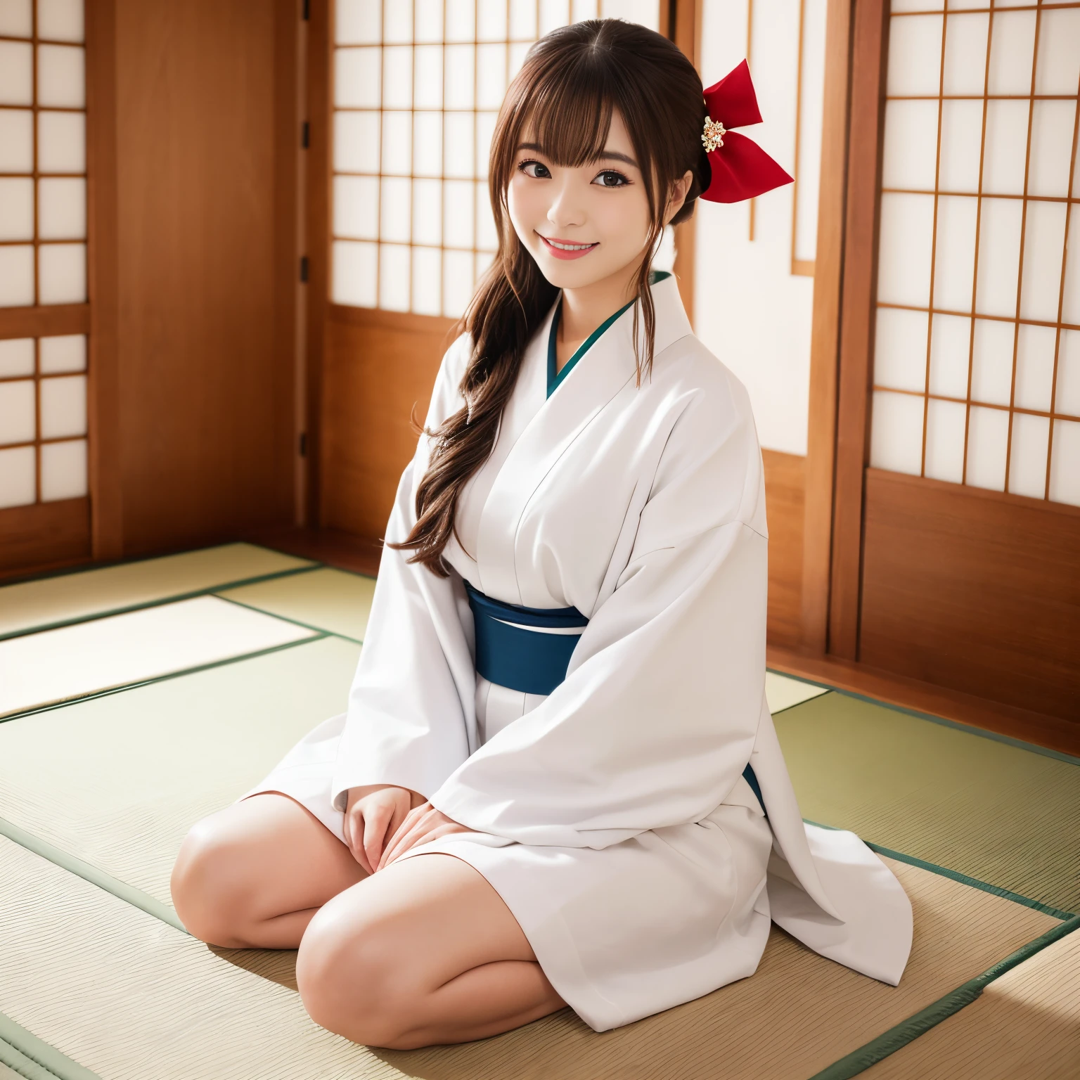 (top-quality、masutepiece、in 8K、Top image quality、super-fine、Award-Winning Works)、beautiful shrine maiden、shrine maiden&#39;s white coat、Chihaya the Shrine Maiden、Shrine maiden&#39;s red hakama、Perfect authentic shrine maiden costume、View me、Biggest smile、The background is a Japanese-style room、Detailed Japanese-style room background、Beautiful shoji with intricate decoration、Elegant and beautiful transom、Perfect makeup、Elegant beautiful Japanese room background、Knee shot、The most detailed perfect Japanese room、