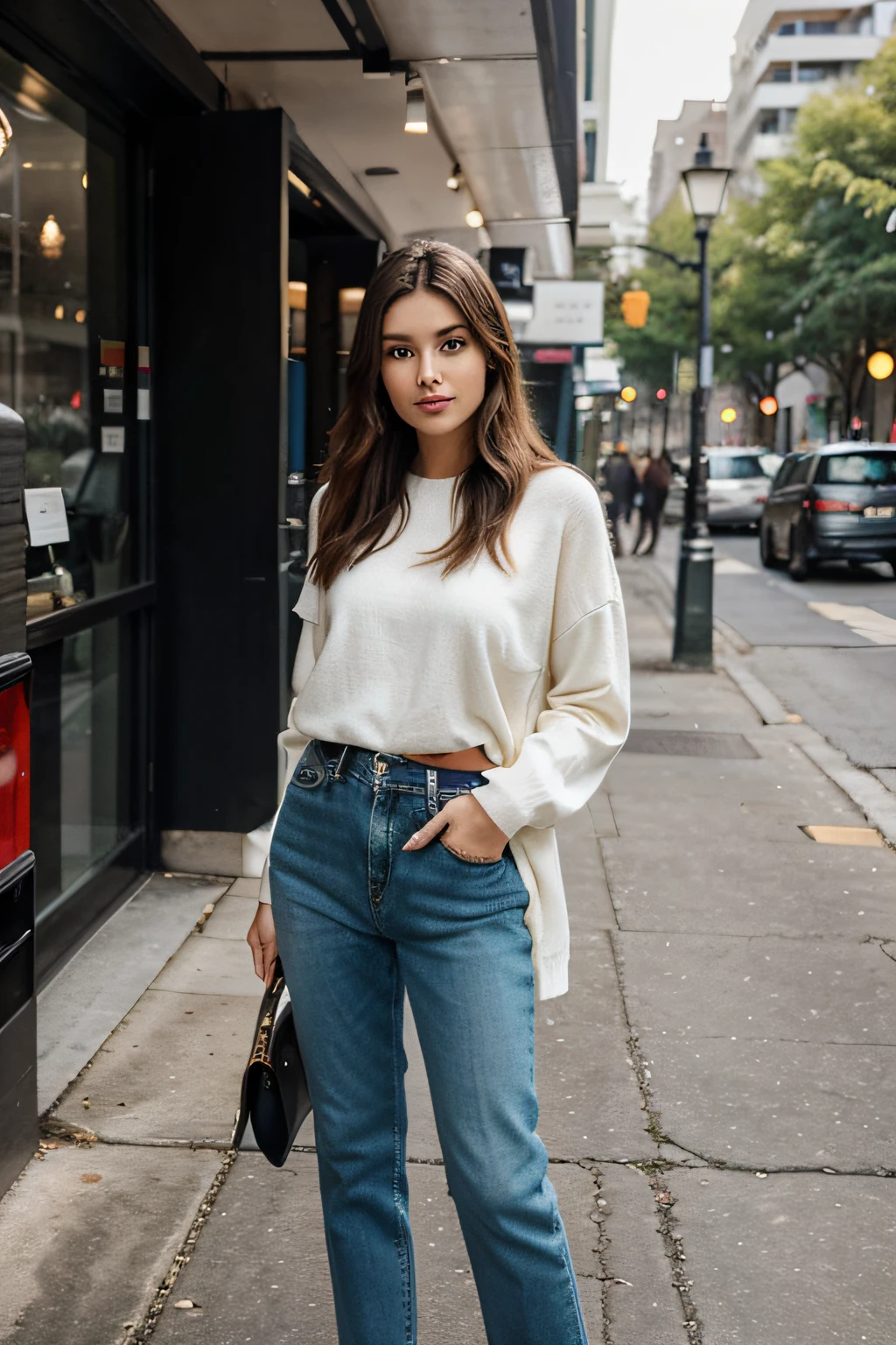"Generate an image of a stunning 25-year-old woman exuding confidence and beauty, dressed in stylish yet casual attire. Capture a scene that radiates positivity and modern elegance, showcasing her in a natural and relaxed environment."