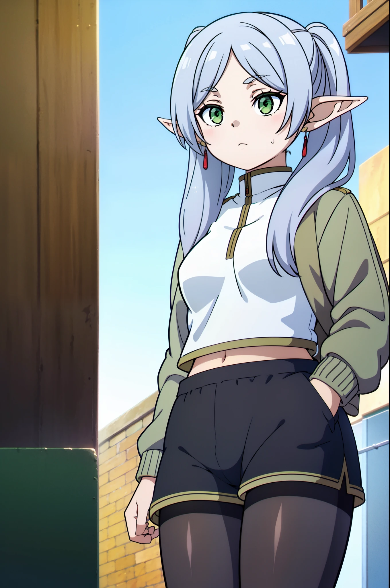 masterpiece, illustration, best quality, 8k, 1girl, solo, frieren, long hair, twintails, (green eyes:1.2), grey hair, pointy ears, elf, serious, calm behaviour, inexpressive, medium breasts, sportswear, sport top, shorts, (one leg pantyhose), jacket, big jacket, thighs, abs, (hands on pockets), ((close-up)), upper body