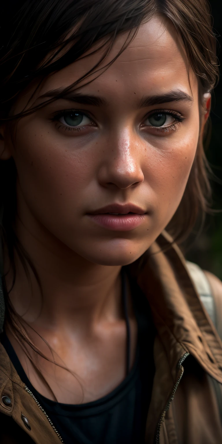 Ellie from the game Last of us Two, brown hair, in the forest, photorealistic, photo, busty, masterpiece, realistic, realism, photorealism, high contrast, photorealistic digital art trending on Artstation 8k HD high definition detailed realistic, detailed, skin texture, hyper detailed, realistic skin texture, armature, best quality, ultra high res, (photorealistic:1.4),, high resolution, detailed, raw photo, sharp re, by lee jeffries nikon d850 film stock photograph 4 kodak portra 400 camera f1.6 lens rich colors hyper realistic lifelike texture dramatic lighting unrealengine trending on artstation cinestill 800