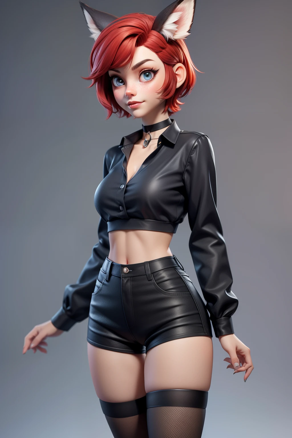 1girl, ager, solo, (short pixie cut Hair, undercut red hair: 1.28), ((light gray eyes)), some small freckles, (dark fox ears: 1.35), pale skin, large breasts, cleavage, (thin hips, thin waist , athletic body: 1.25), simple background, looking away, (tight ripped black shirt, choker, short shorts, thigh high stockings, plaid b&w sneakers: 1.11), masterpiece, best quality,3d rending work ,3DMM style, close-up, portrait, 3D,
