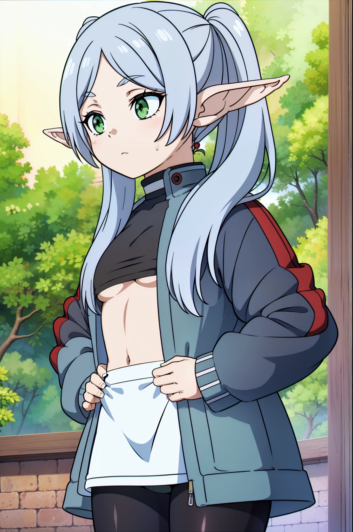 masterpiece, illustration, best quality, 8k, 1girl, solo, frieren, long hair, twintails, (green eyes:1.2), grey hair, pointy ears, elf, serious, calm behaviour, inexpressive, medium breasts, modern fashion, sportswear, sport top, shorts, (one leg pantyhose), jacket, big jacket, thighs, abs, (hands on pockets), ((close-up)), upper body