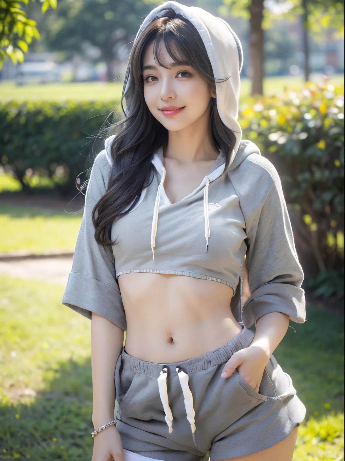 pyoapple, (((Solo, 1 girl)), RAW, masterpiece, stunning (close-up shots: 1.2) beautiful (Korea) (K-pop idols) ((pale white skin)) young teenage woman (walking the streets of Tokyo at golden hour: 1.3), staring at the viewer. Slim body, thin waist, (small chest: 1.2). (happy smile: 1.0), beautiful face, Kpop makeup, eyelashes, blush, eyeliner, smoky eyes, sharp eyes, egyosar, attractive look. Wearing (sexy white top, gray hoodie), long straight hair, thin bangs, movie lighting, volumetric fog, realistic skin, realistic face skin, perfect face skin, 8K UHD, absurd, highly detailed, realistic, hyper-realism, armpits