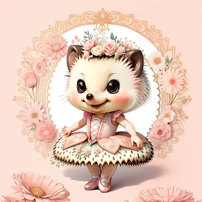 (cute  hedgehog smiling with a pink ballet dancer dress and flowers), Munchkin ,Geometric multidimensional wall portrait, livro de arte, Tchibi,
Yang08k, Beautiful, Colouring,
Obras, of the highest quality, best quality, Arte Oficial, Beautiful and Aesthetic,