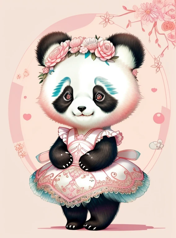 (cute panda smiling with a pink ballet dancer dress and flowers), Munchkin ,Geometric multidimensional wall portrait, livro de arte, Tchibi,
Yang08k, Beautiful, Colouring,
Obras, of the highest quality, best quality, Arte Oficial, Beautiful and Aesthetic,