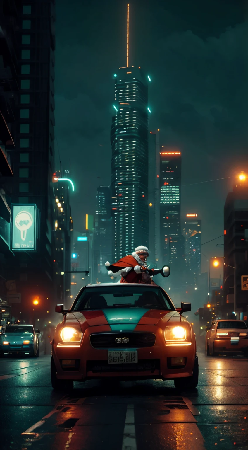 modern santa claus driving a car in a teal and orange cyberpunk city skyline, snthwve style nvinkpunk, by jeremy mann, punk rock, high detailed