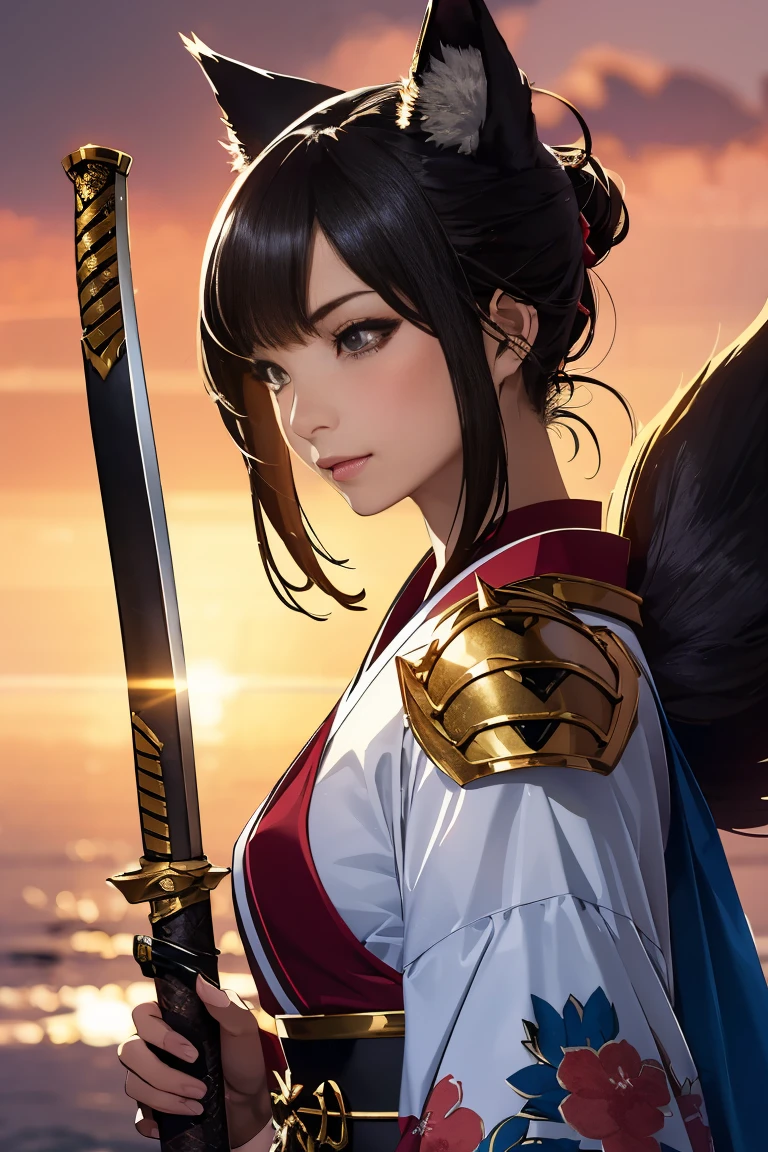 (((Looking away:1))), ((Look at another one:1)), fox incarnation、((Sexy Female Warrior))、Japan Yokai、Sexy fox female warrior with a Japanese sword、Fox ears、A figure holding a beautiful sword, ((sexy japan armor))