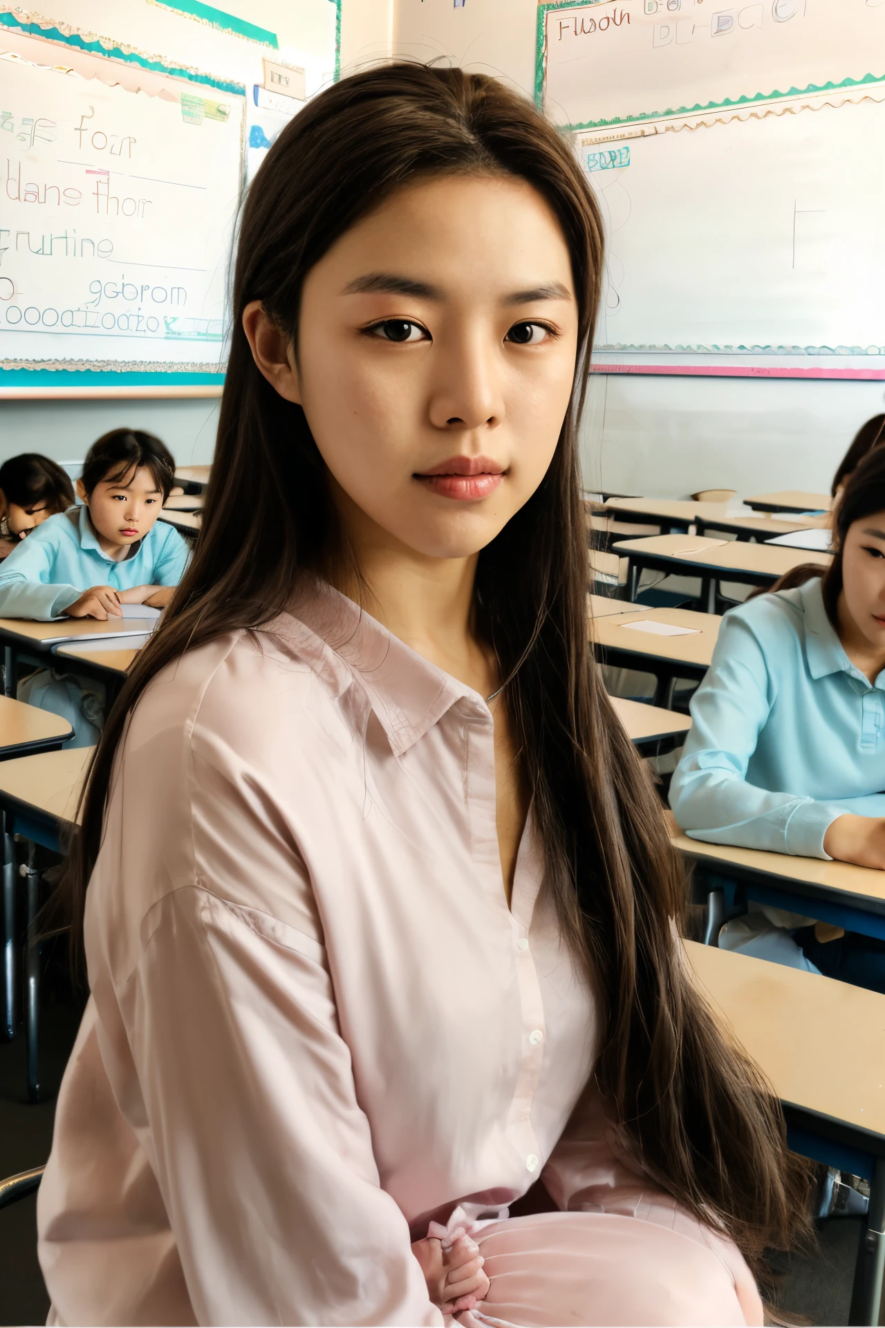 goyounjung, (classroom:1.2), (looking_at_viewer:1.1), cute pose , RAW photo, (high detailed skin:1.2), 8k uhd, dslr, soft lighting, high quality, film grain, Fujifilm XT3