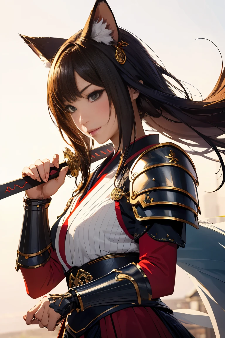 (((Looking away:1))), ((Look at another one:1)), fox incarnation、((Sexy Female Warrior))、Japan Yokai、Sexy fox female warrior with a Japanese sword、Fox ears、A figure holding a beautiful sword, ((sexy japan armor))