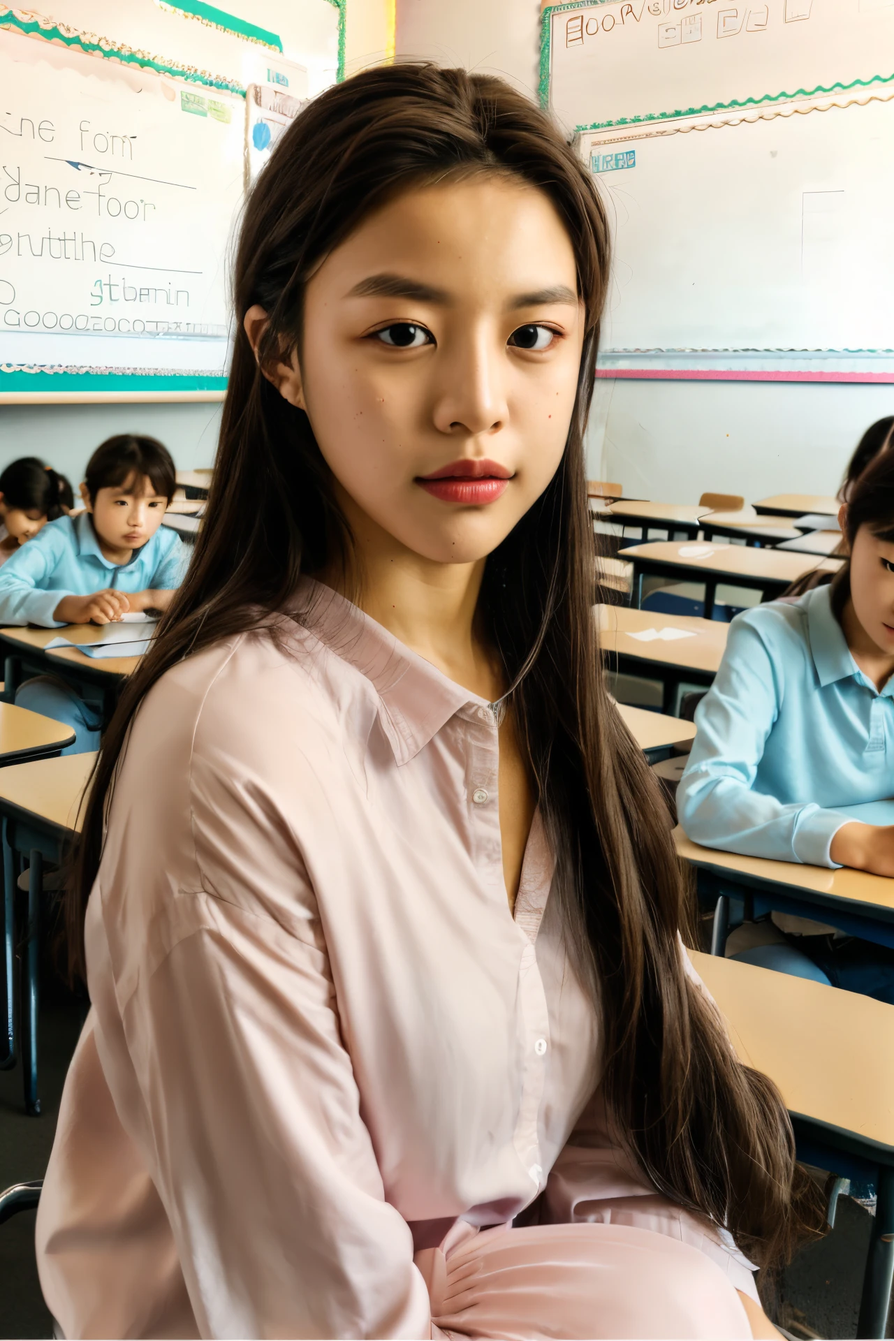 goyounjung, (classroom:1.2), (looking_at_viewer:1.1), cute pose , RAW photo, (high detailed skin:1.2), 8k uhd, dslr, soft lighting, high quality, film grain, Fujifilm XT3