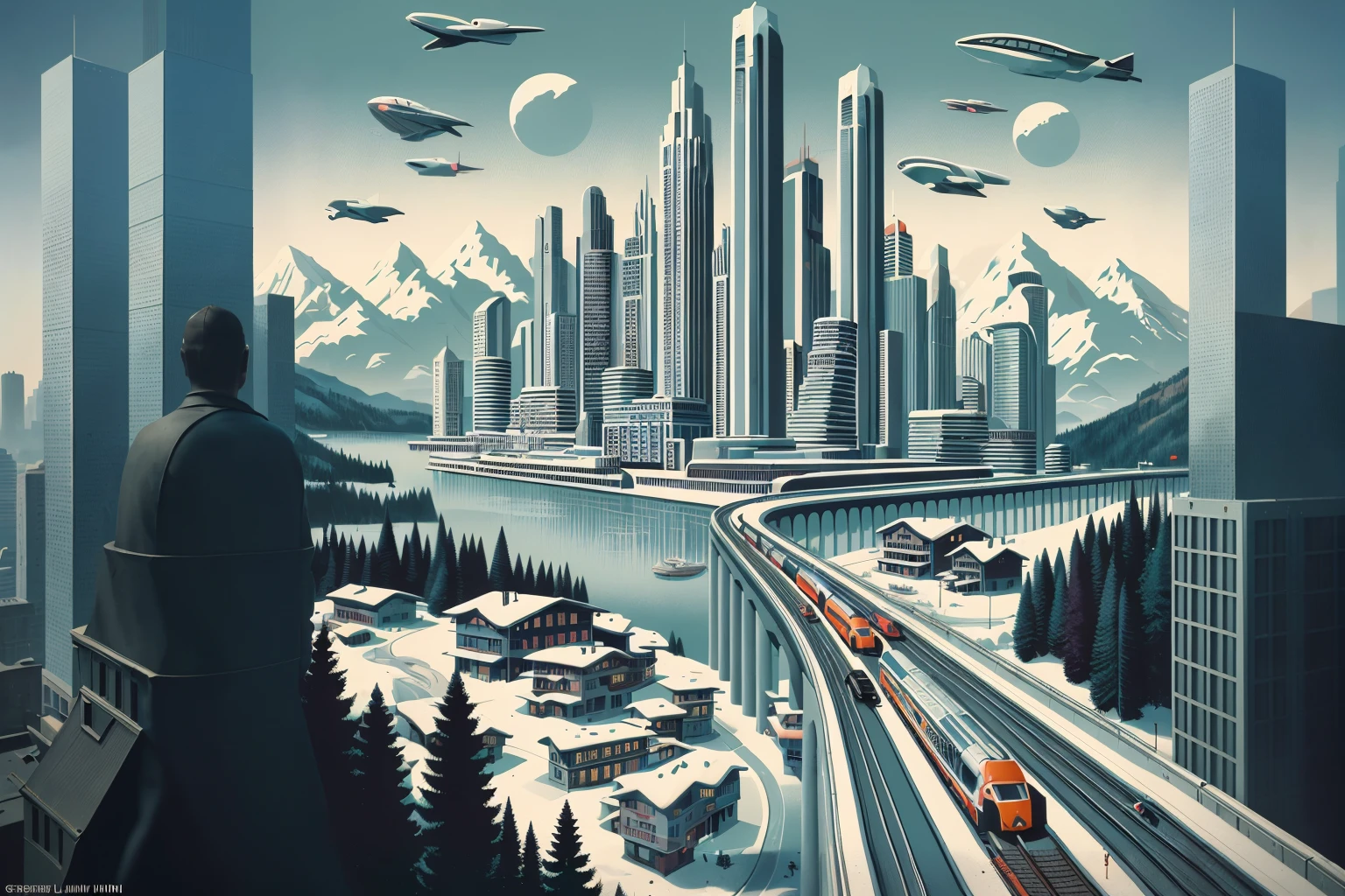 there is a poster of a city with a train on the tracks, by Eric Dinyer, retro futurism art, greg rutkowski futurism, skyscrapers and flying cars, martin ansin, by David G. Sorensen, laurent durieux, by Oskar Lüthy, by Derek Hill, futuristic utopian metropolis, by Jason Benjamin, retro - futurism
