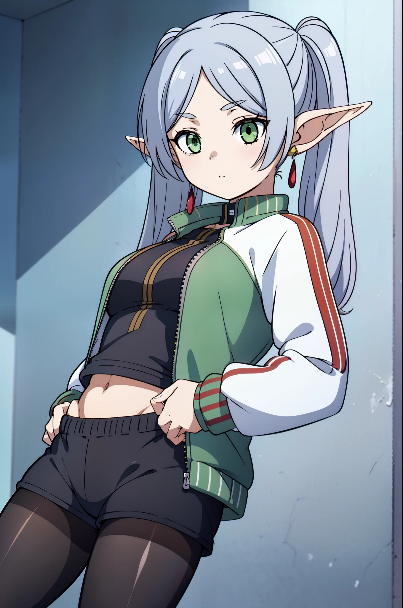 masterpiece, illustration, best quality, 8k, 1girl, solo, frieren, long hair, twintails, (green eyes:1.2), grey hair, pointy ears, elf, serious, calm behaviour, inexpressive, medium breasts, modern fashion, sportswear, sport top, shorts, (one leg pantyhose), jacket, big jacket, thighs, abs, (hands on pockets), ((close-up)), upper body