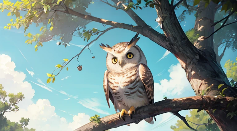 a park　On the branches　A cute and kind owl that looks smart